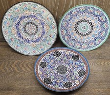 3pc Antique Turkish Hand Enameled Brass Wall Hanging Plates picture