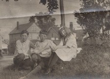 CREASED 1910s Two Boys Girl Friends Sitting Grass Neighborhood Childhood picture