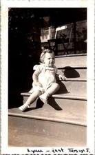 Toddler Girl Sitting on Sunny Porch Steps, 1940s Deckled Edge Snapshot Photo picture