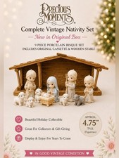 Vintage Precious Moments 9 Pc Nativity Set with Original Stable, Box & Cassette picture