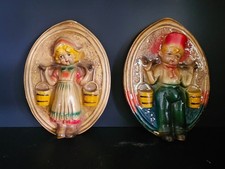 Vintage 1950s Chalkware Dutch Boy & Girl Water Carriers Wall Plaques — Pair picture