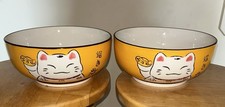 (2) QiZhen Lucky Maneki Neko Cat Japan Ramen Rice Soup 8” Bowls Hand Painted picture