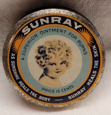 ANTIQUE SUNRAY FULL OINTMENT TIN w AWESOME GRAPHICS DAVENPORT IOWA DRUG STORE picture