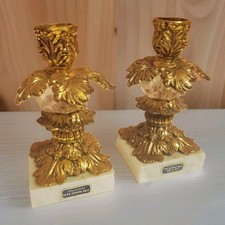 Vintage 1960s Hollywood Regency Style Brass Candlesticks Marble Base Set Of 2 picture