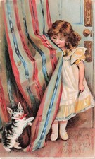 Victorian Child Girl Cat Kitten Patriotic Curtain 4th of July Vtg Postcard J11 picture
