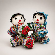 2X Vintage Handmade Yo-Yo Clown Doll 10” Fabric Folk Art Plush Rag Toy 1970s picture
