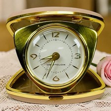 Unique Triangular Westclox Folding Travel Alarm Clock Pink Leather Cowhide Case picture