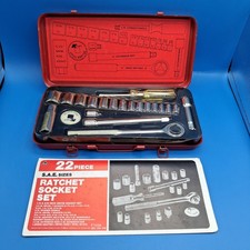NOS Vintage K-Mart SAE 22 Piece Ratchet Socket Set No. F1234 in Metal Case picture