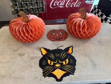 Vintage Halloween 2 Paper pumpkins, 1 scary cat, 1 cardboard pumpkin flat.  picture