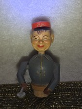 ANRI Antique Hand Carved Wood Mechanical Train Worker Bottle Cork Topper picture