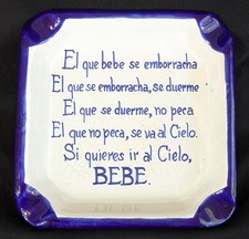 Vtg TONALÁ Pottery Ashtray Mexico White/Cobalt Drinking & Heaven Spanish Poem  picture