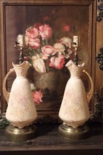 Antique Austrian Porcelain Ewer Table Lamps Pair Art Nouveau Floral Pitcher Flaw picture