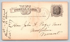 1877 St. Albans VT Postal Card Hon John A Page Montpelier VT Town Clerk picture