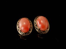 VINTAGE ANGEL SKIN PINK CORAL OVAL 14K GOLD CLASP EARRINGS picture