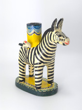 Vintage Mexican Folk Art Candle Holder Handmade Zebra Birds Clay Pottery Large picture