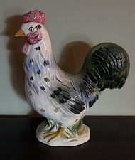 Vintage Glazed Ceramic Spotted Rooster. White Body, Black Spots & Green Tail picture