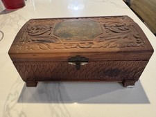 VTG Handmade Carved Tooled Brown Wood Storage Box, Medium Rectangular Hinged Lid picture