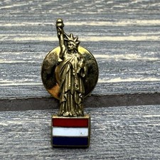 Vtg Lapel Pin Herff Jones Patriotic Statue Of Liberty Red White Blue Flag 0.75” picture