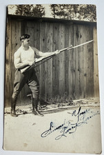 c1910s WWI Era RPPC Strongman Soldier Posing with Rifle Bayonet Signed Postcard picture