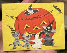 Vintage 1950’s Norcross Halloween Folded Card JOL Witch Ghost Skeleton Cat & Bat picture