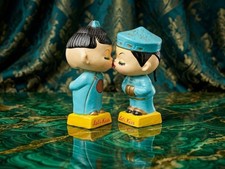 Vtg 1950s Japan Let's Kiss Asian Couple Bobblehead Nodder Magnetic Figurine 5