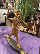 Vintage Bronze Tutankhamen On A Reed Boat Sculpture 9.25” L X 10” T picture