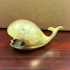 Vintage Mid Century Brass Open Mouth Whale Ashtray Figurine Trinket Dish MCM picture