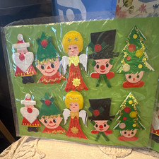Vintage 1960s Paper Christmas Gift Tags Set Santa Elf Angel Snowman Tree Glitter picture