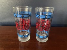 Vintage 1970s Pepsi-Cola Tiffany Stained Glass Tumblers Set of 2 Red Blue Retro picture