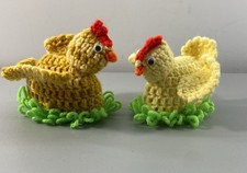 Vtg Set of 2 Crochet Chicken Egg Cozies – Hen & Chick Easter Decor 1970s Yellow picture