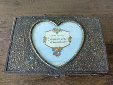 Antique Metal Over Wood Trinket Box Heart Mirror Poem to Mother Trinket Box picture