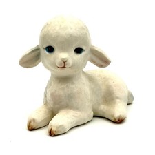 Vintage Ceramic Lamb Figurine White Blue Eyes Reclining Sheep Easter Lefton? 4in picture