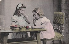 Antique Easter Card Victorian Children Eating Eggs Hand Colored Vtg Postcard 31A picture