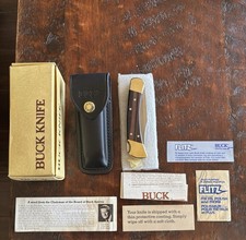 Vintage 1981 Buck 110 Knife w/brass/wood Buck Sheath Papers & Box Mint New,Rare picture