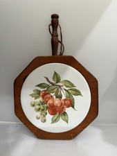 Vintage 1970s Wood Ceramic Tile Trivet Cherries Grapes Fruit Wall Decor Handle picture