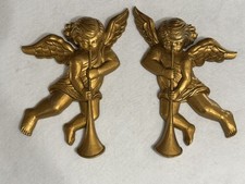 VtG 1960’s Syroco Set Of 2 Gold Cherub Angels W/Horns Wall Decor Hangings 13” picture