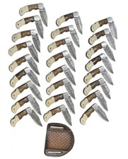 LOT of 20pcs Damascus Steel Folding knife, Pocket Knives With Leather Sheath picture