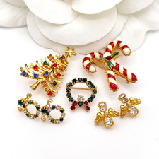 Vintage Christmas Brooches Earrings Candy Canes Tree Wreath Angels Radko Avon picture