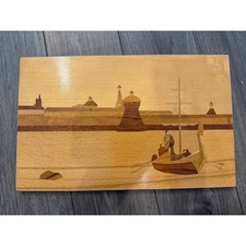 Vintage 1986 USSR Soviet Marquetry Wood Inlay Wall Art Panel Beriozka 15x19 picture