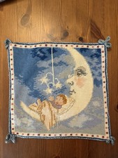 Vintage Katha Diddel Man in the Moon Baby Stars Needlepoint Pillow Cover 11” picture