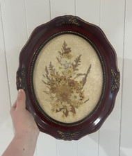 Vintage Framed Pressed Flower Art Ornate Oval Burgundy Gold Botanical picture