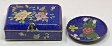VTG Chinese Blue Floral Cloisonne Enamel Trinket Box with Matching Small Dish picture