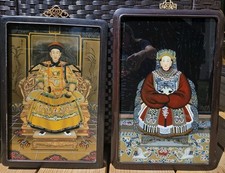 Vintage Chinese Emperor Empress Reverse Glass Painting Pair Asian Wall Art picture