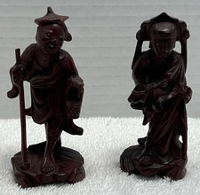 Vintage Hand Carved Asian Cherry Wood 4” Figurines Set/2 Culture 1940s picture
