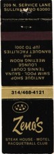 Zeno's Steak House Motel Sullivan MO Vintage Matchbook Cover 1960s-70s picture