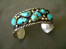 ANGIE CHEAMA Native American Zuni Turquoise Cluster Sterling Silver Cuf Bracelet picture