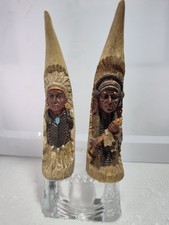 Vintage 2 Native American Chiefs in Traditional Dress Resin Horn Shape 7” Tall picture