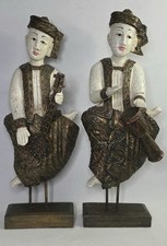Vintage Thai Burmese Carved Wood Musician Statues Pair 27” Crackle Mirror Inlay picture
