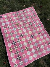 VTG Handmade Patchwork Quilt Pink Multi Diamond Scrap Farmhouse Cottage READ picture