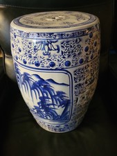 Chinese Blue and White Porcelain Willow Round Drum Stool 18” x 10” Local Pickup picture